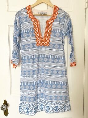 Bella Tu Blue & White Patterned Tunic Dress with Orange Embroidery XS Preppy